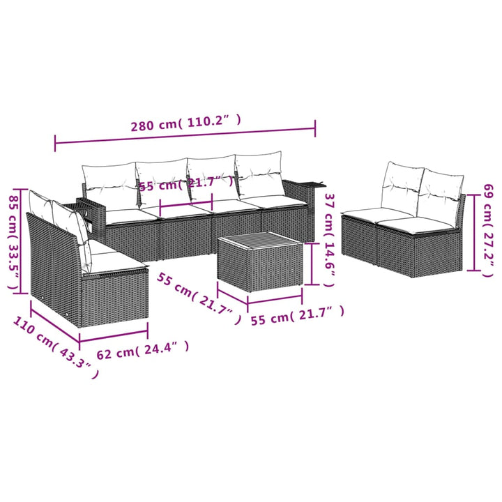 9-tlg. Garten-Sofagarnitur mit Kissen Grau Poly Rattan