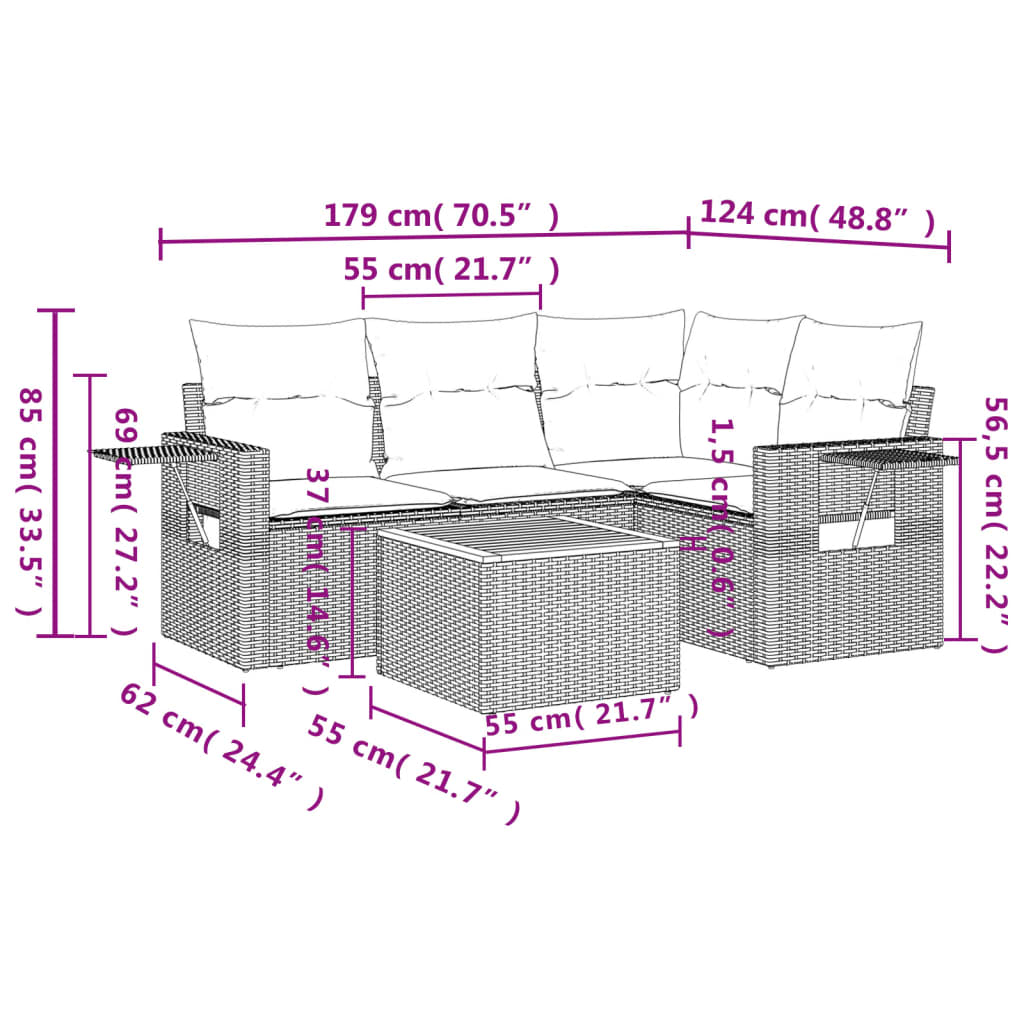 5-tlg. Garten-Sofagarnitur mit Kissen Beige Poly Rattan