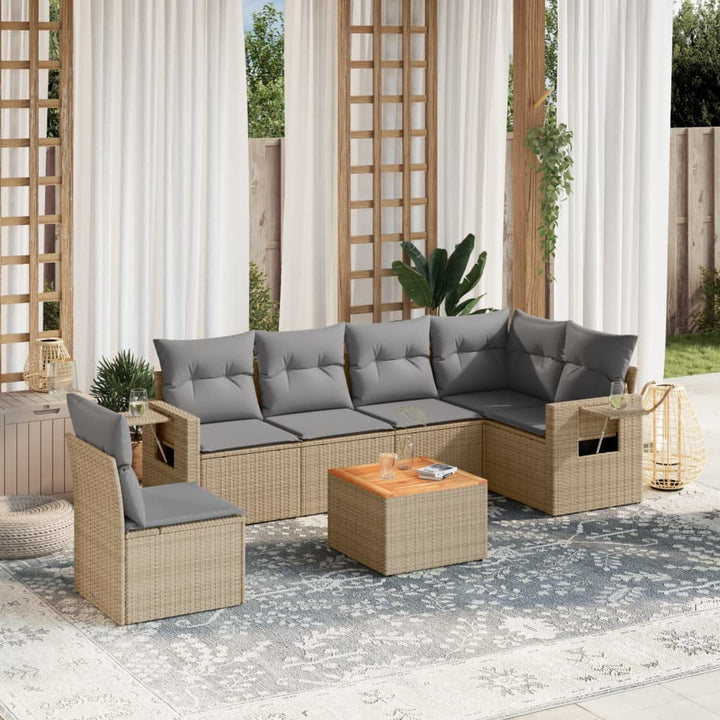 7-tlg. Garten-Sofagarnitur mit Kissen Beige Poly Rattan