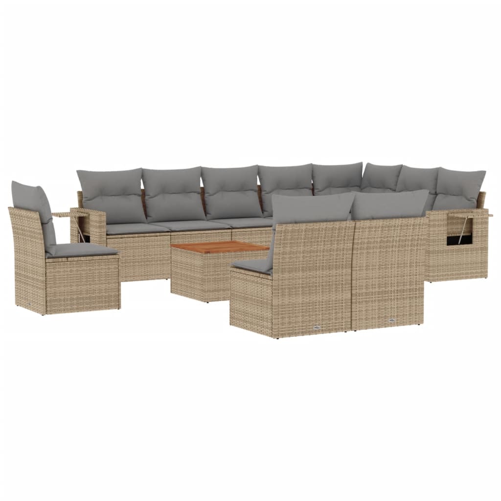 11-tlg. Garten-Sofagarnitur mit Kissen Beige Poly Rattan