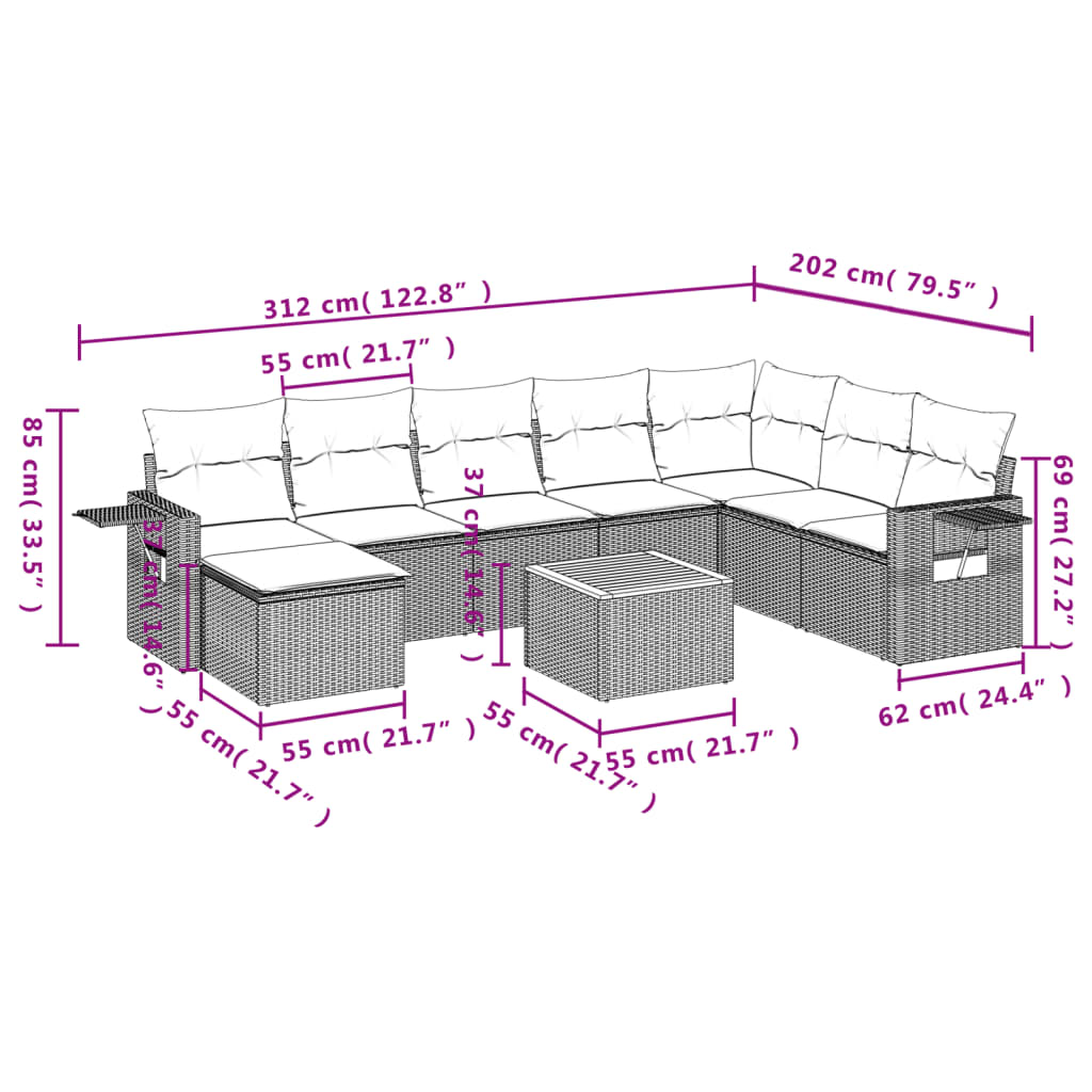 9-tlg. Garten-Sofagarnitur mit Kissen Schwarz Poly Rattan