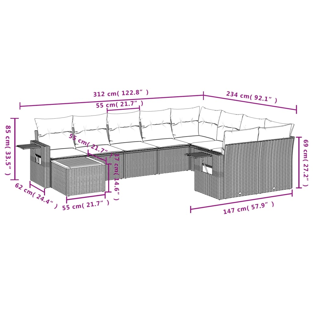 10-tlg. Garten-Sofagarnitur mit Kissen Schwarz Poly Rattan