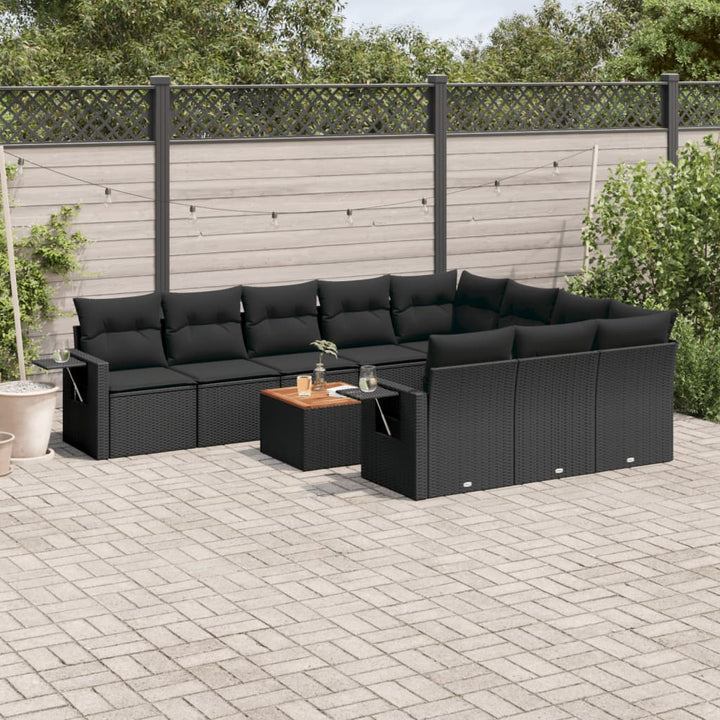 11-tlg. Garten-Sofagarnitur mit Kissen Schwarz Poly Rattan