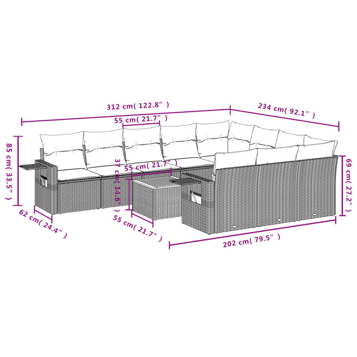 11-tlg. Garten-Sofagarnitur mit Kissen Grau Poly Rattan