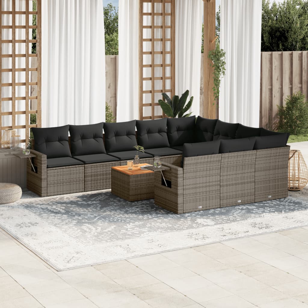 11-tlg. Garten-Sofagarnitur mit Kissen Schwarz Poly Rattan