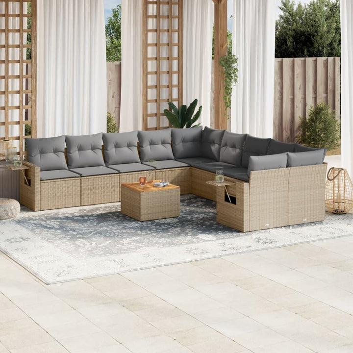 11-tlg. Garten-Sofagarnitur mit Kissen Beige Poly Rattan