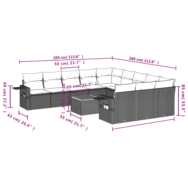 12-tlg. Garten-Sofagarnitur mit Kissen Schwarz Poly Rattan