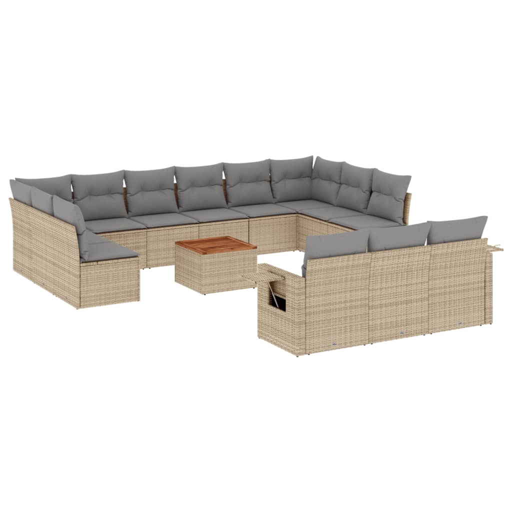 14-tlg. Garten-Sofagarnitur mit Kissen Beige Poly Rattan