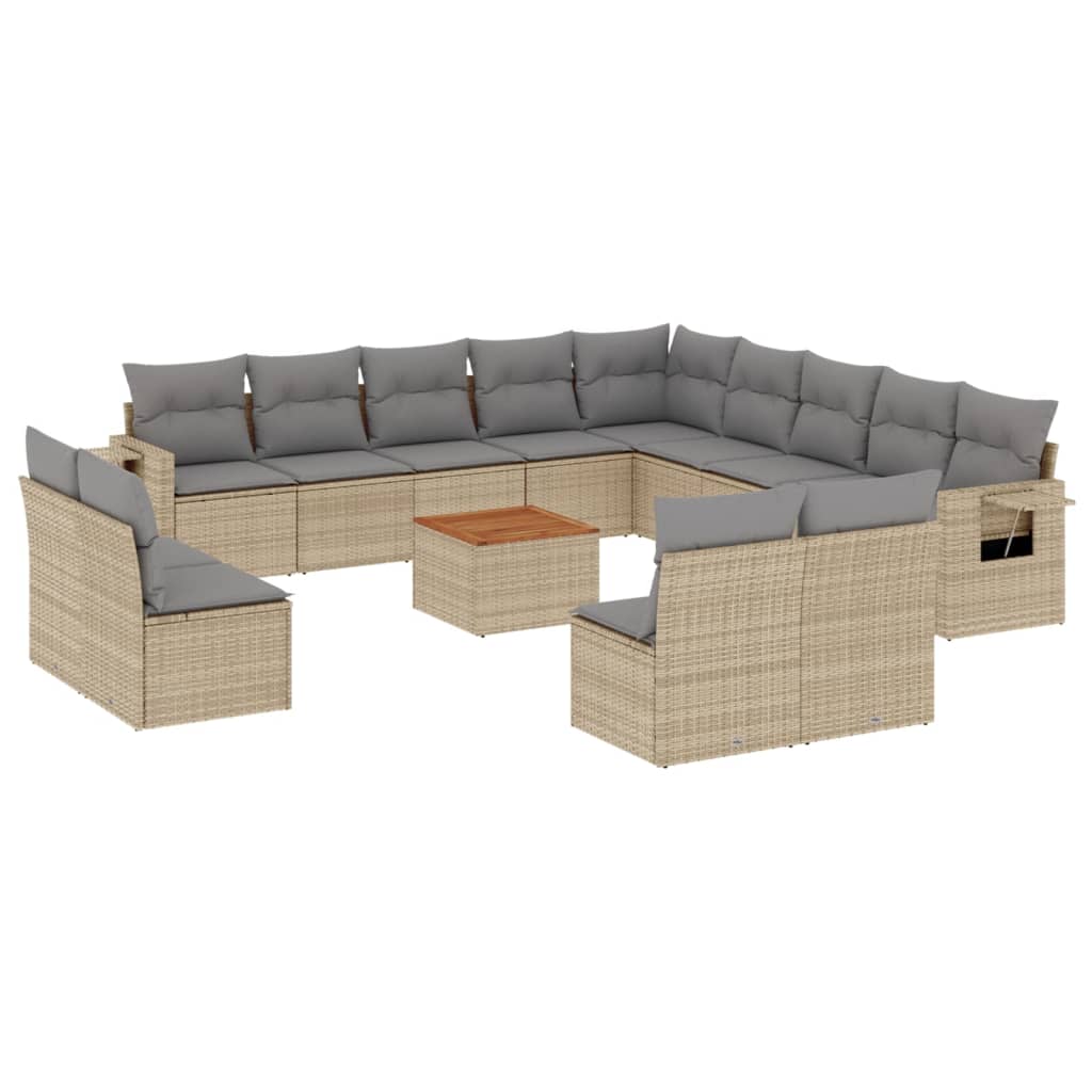 14-tlg. Garten-Sofagarnitur mit Kissen Beige Poly Rattan