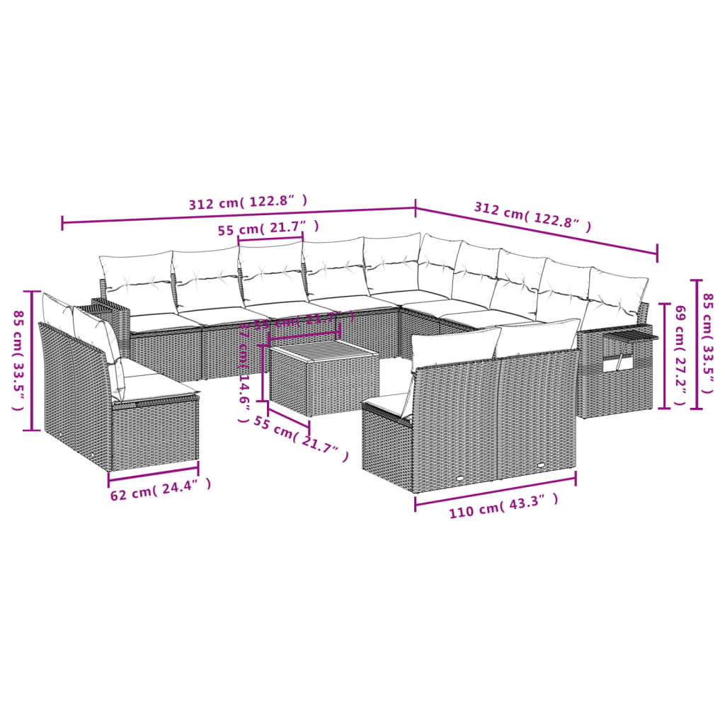 14-tlg. Garten-Sofagarnitur mit Kissen Grau Poly Rattan