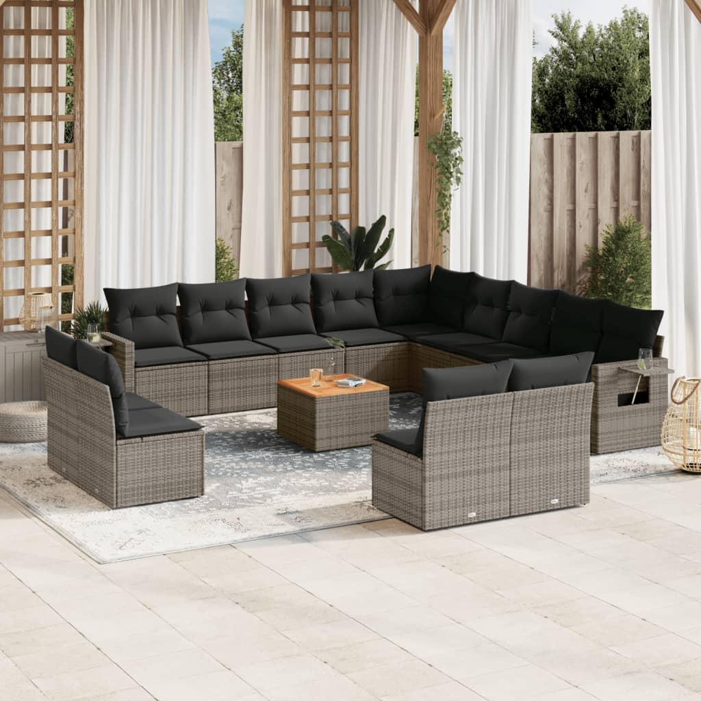 14-tlg. Garten-Sofagarnitur mit Kissen Grau Poly Rattan