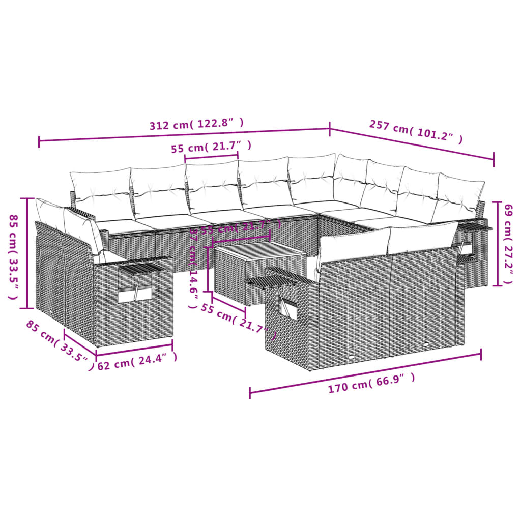 13-tlg. Garten-Sofagarnitur mit Kissen Schwarz Poly Rattan