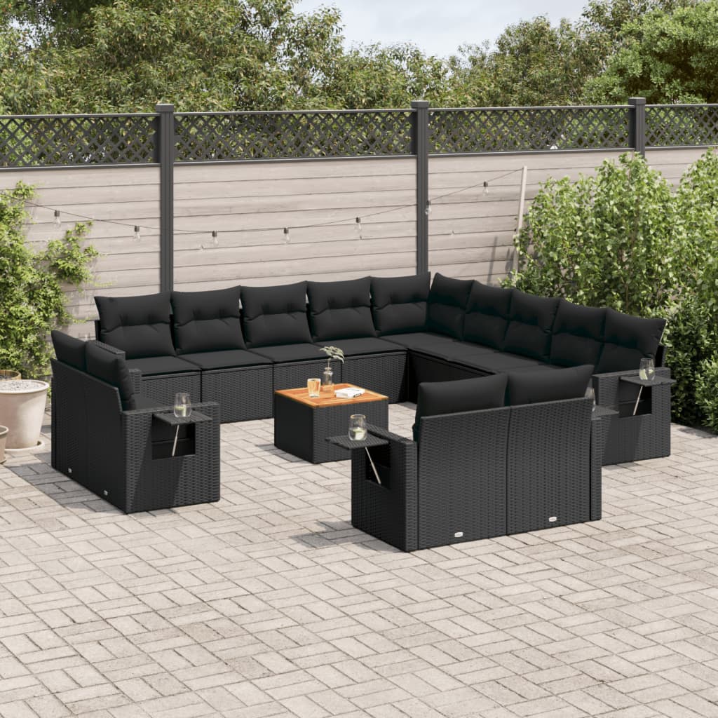 14-tlg. Garten-Sofagarnitur mit Kissen Schwarz Poly Rattan