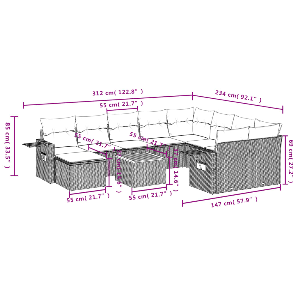 11-tlg. Garten-Sofagarnitur mit Kissen Schwarz Poly Rattan