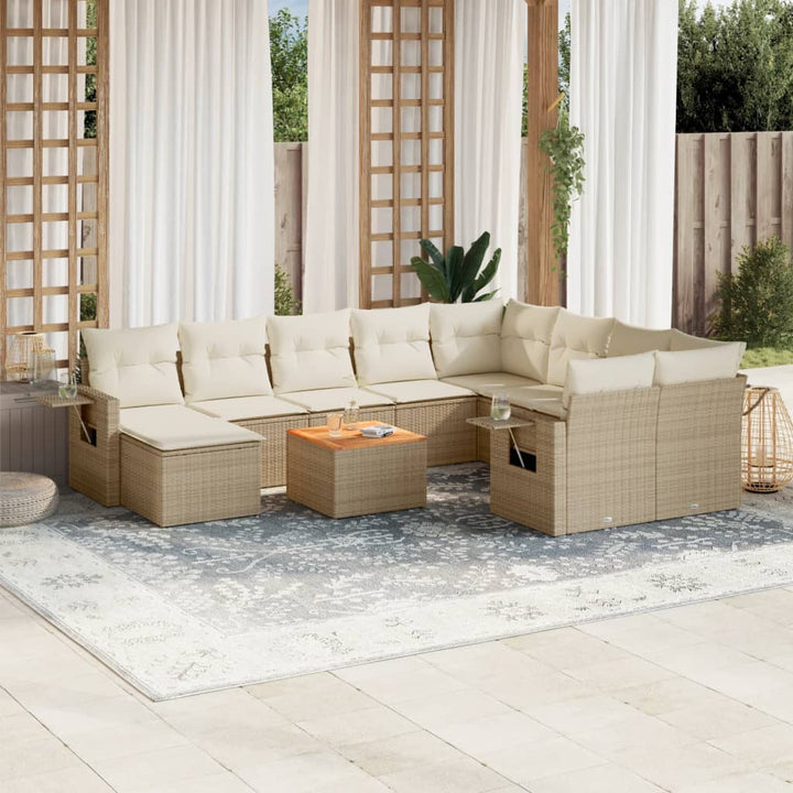 11-tlg. Garten-Sofagarnitur mit Kissen Beige Poly Rattan