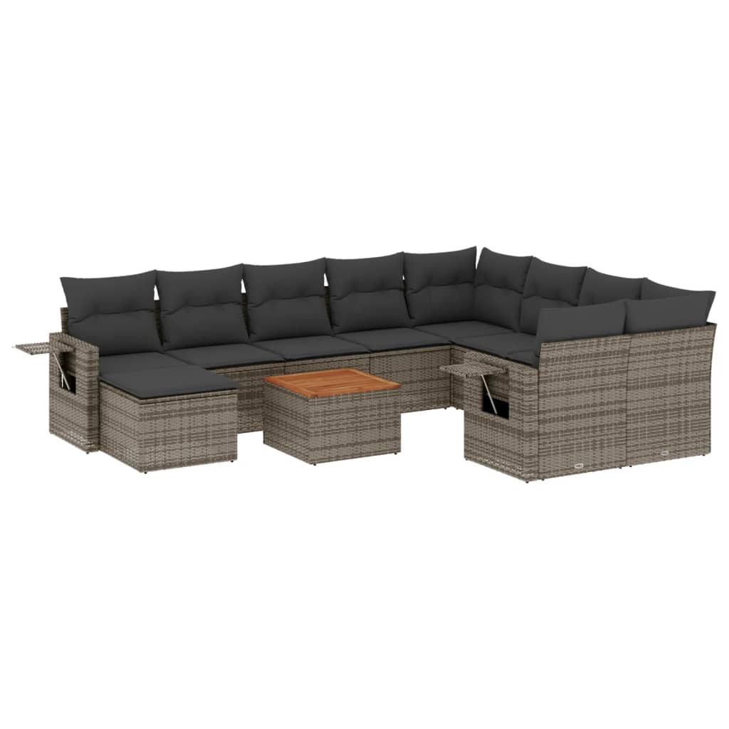 11-tlg. Garten-Sofagarnitur mit Kissen Grau Poly Rattan