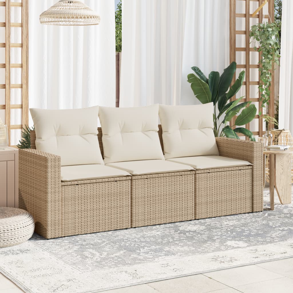 3-tlg. Garten-Sofagarnitur mit Kissen Beige Poly Rattan