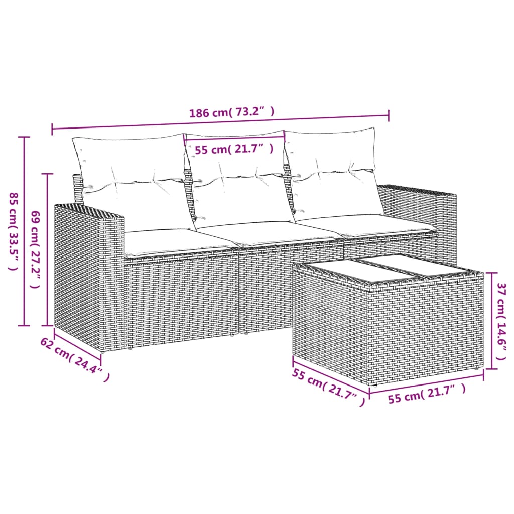 4-tlg. Garten-Sofagarnitur mit Kissen Grau Poly Rattan