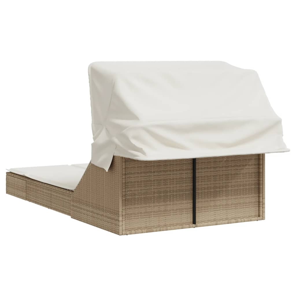 Doppel-Sonnenliege mit Dach und Auflagen Beige Poly Rattan