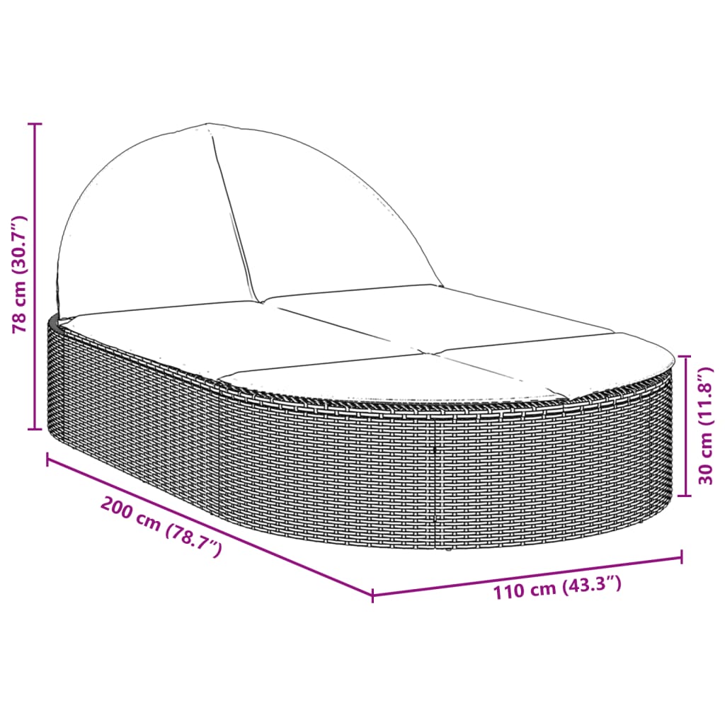 Doppel-Sonnenliege mit Kissen Schwarz Poly Rattan