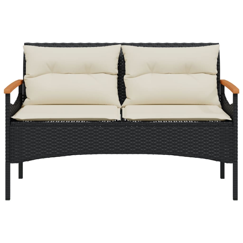 Banco de jardín con cojines 116x62,5x74 cm polirratán negro