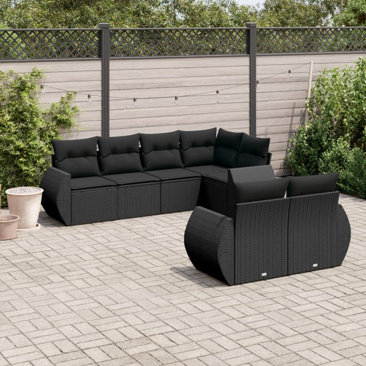 7-tlg. Garten-Sofagarnitur mit Kissen Schwarz Poly Rattan