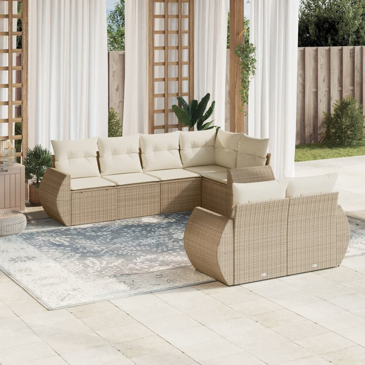 7-tlg. Garten-Sofagarnitur mit Kissen Beige Poly Rattan