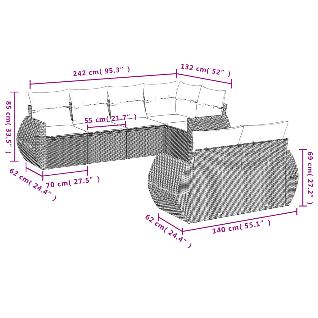 7-tlg. Garten-Sofagarnitur mit Kissen Grau Poly Rattan