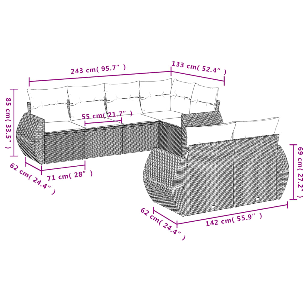 7-tlg. Garten-Sofagarnitur mit Kissen Hellgrau Poly Rattan