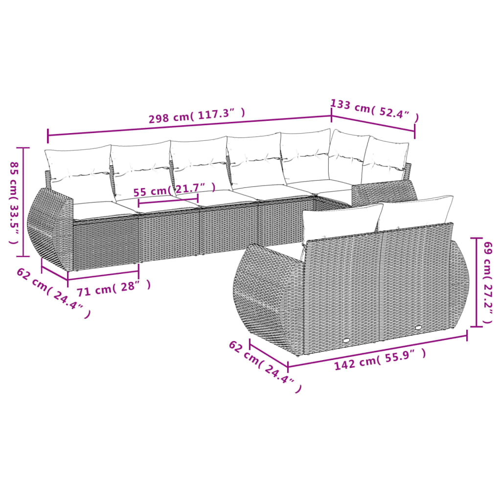 8-tlg. Garten-Sofagarnitur mit Kissen Braun Poly Rattan