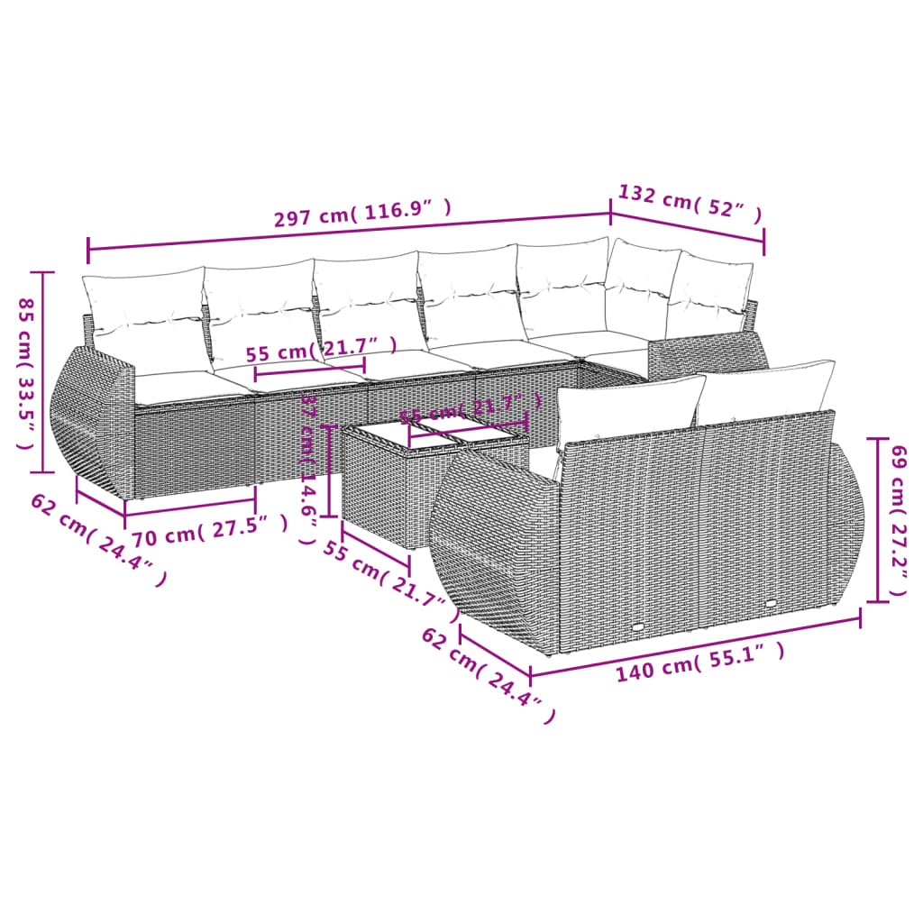 9-tlg. Garten-Sofagarnitur mit Kissen Braun Poly Rattan