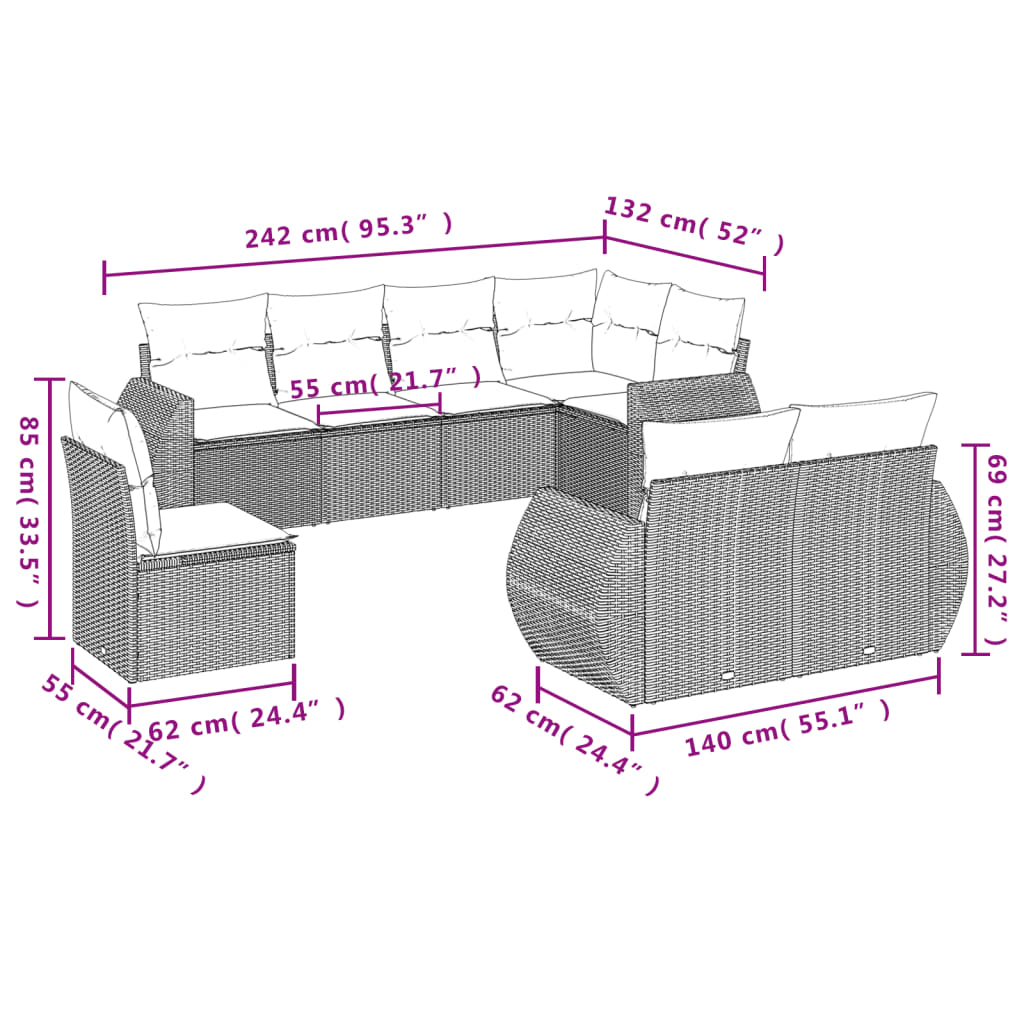 8-tlg. Garten-Sofagarnitur mit Kissen Beige Poly Rattan