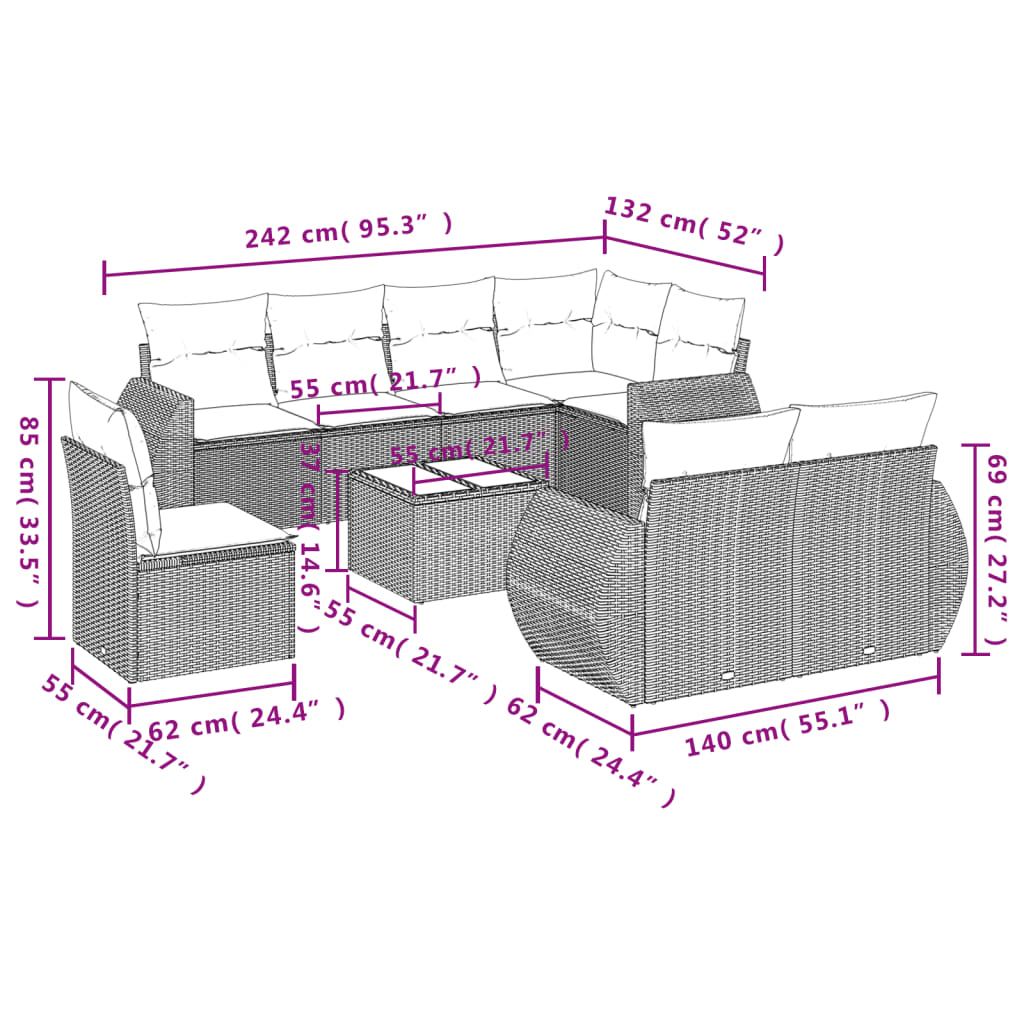 8-tlg. Garten-Sofagarnitur mit Kissen Braun Poly Rattan