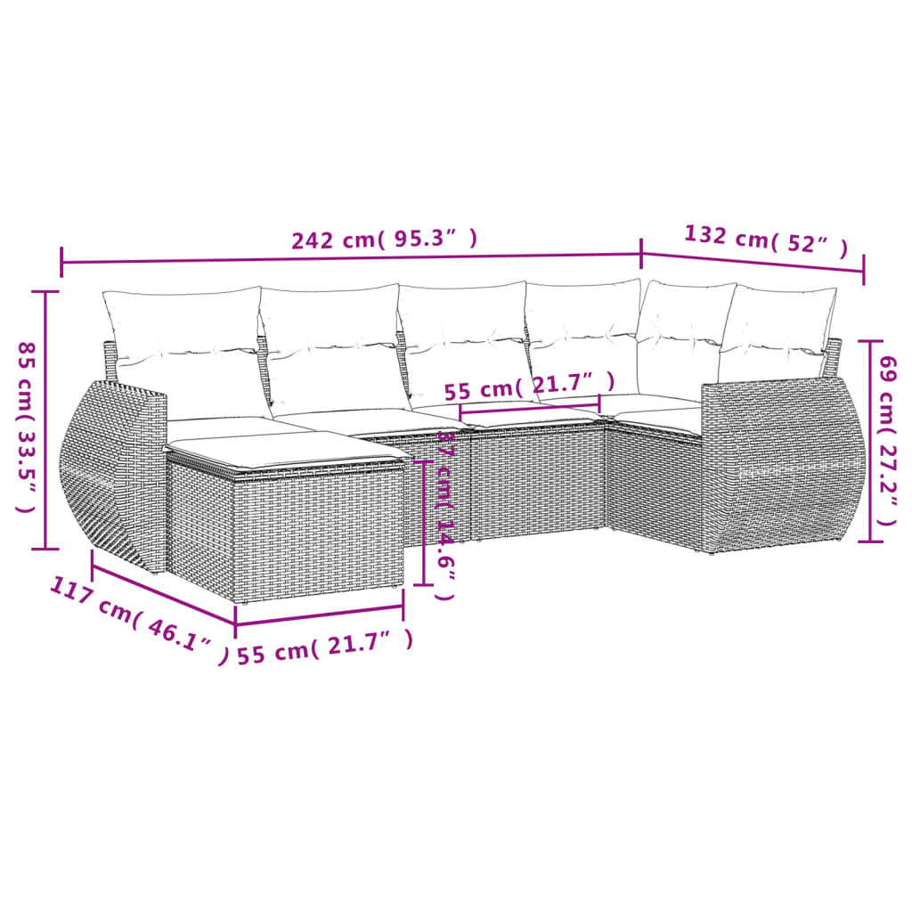 6-tlg. Garten-Sofagarnitur mit Kissen Beige Poly Rattan