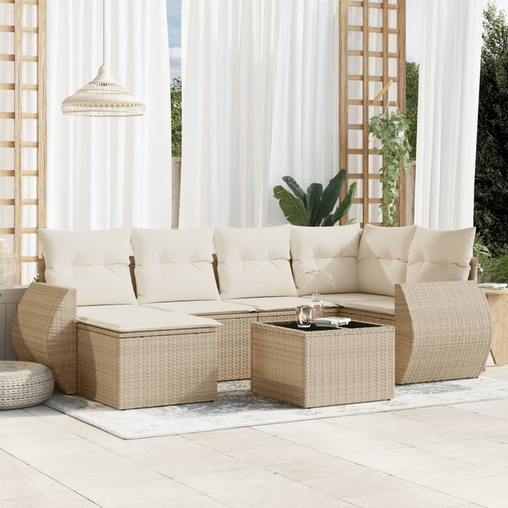 7-tlg. Garten-Sofagarnitur mit Kissen Beige Poly Rattan