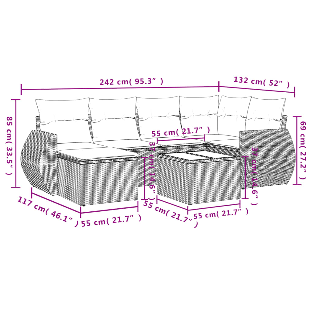 7-tlg. Garten-Sofagarnitur mit Kissen Braun Poly Rattan