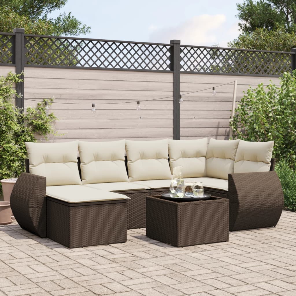 7-tlg. Garten-Sofagarnitur mit Kissen Braun Poly Rattan