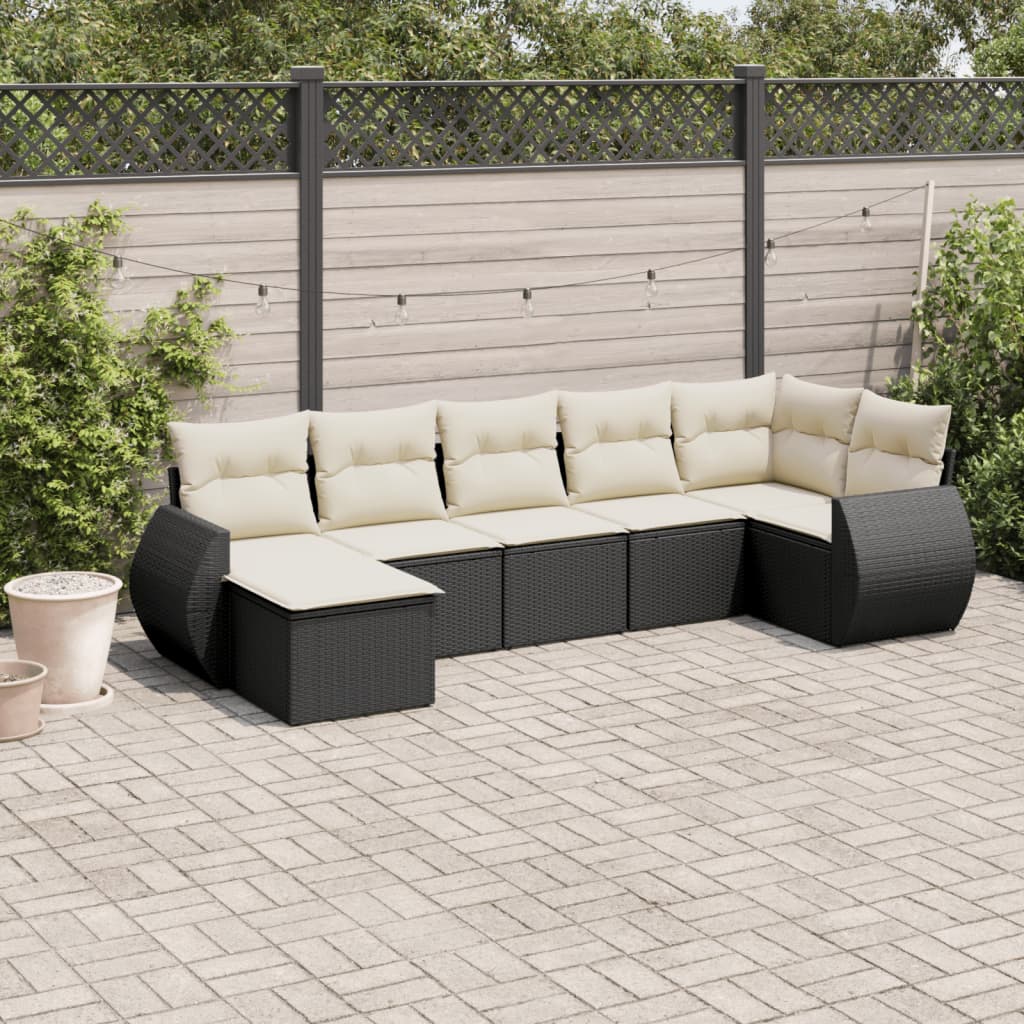 7-tlg. Garten-Sofagarnitur mit Kissen Schwarz Poly Rattan