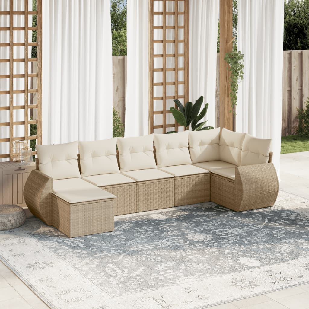 7-tlg. Garten-Sofagarnitur mit Kissen Beige Poly Rattan