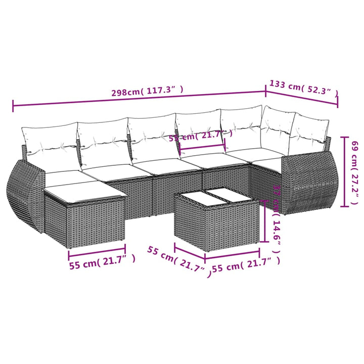 8-tlg. Garten-Sofagarnitur mit Kissen Braun Poly Rattan