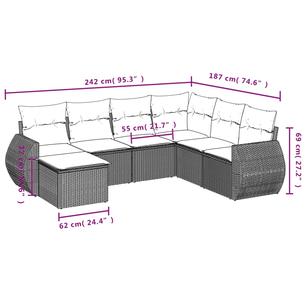 7-tlg. Garten-Sofagarnitur mit Kissen Hellgrau Poly Rattan