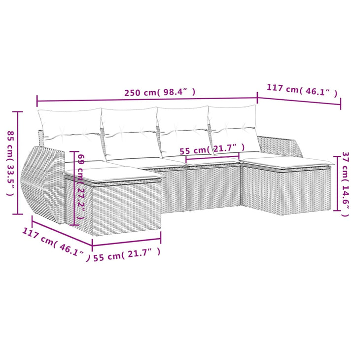 6-tlg. Garten-Sofagarnitur mit Kissen Braun Poly Rattan