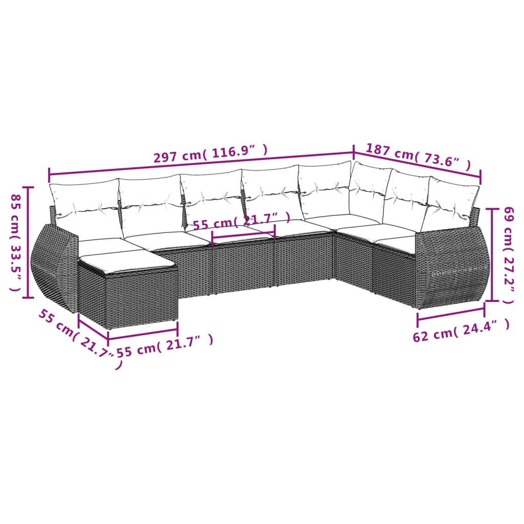 8-tlg. Garten-Sofagarnitur mit Kissen Beige Poly Rattan