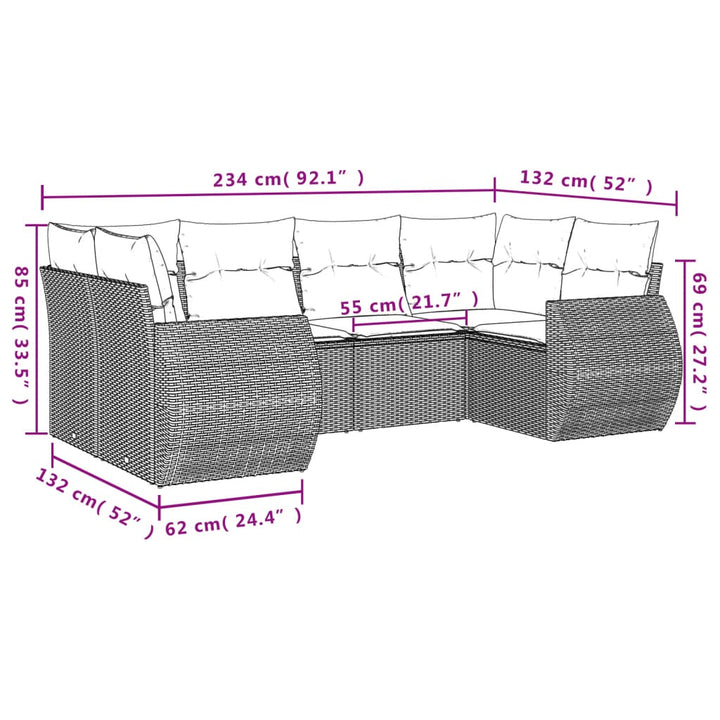 6-tlg. Garten-Sofagarnitur mit Kissen Braun Poly Rattan