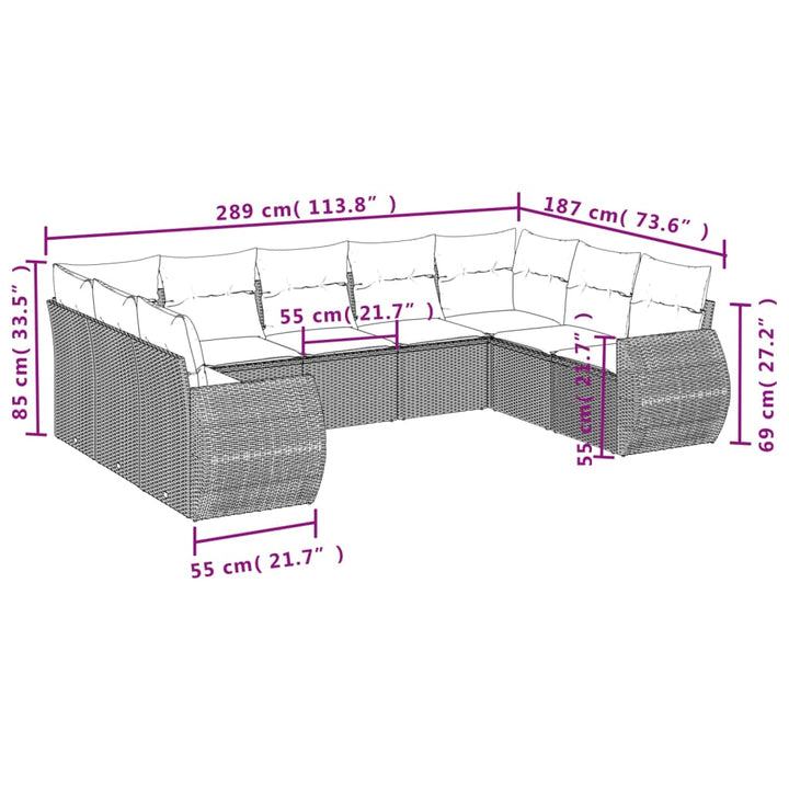 9-tlg. Garten-Sofagarnitur mit Kissen Schwarz Poly Rattan