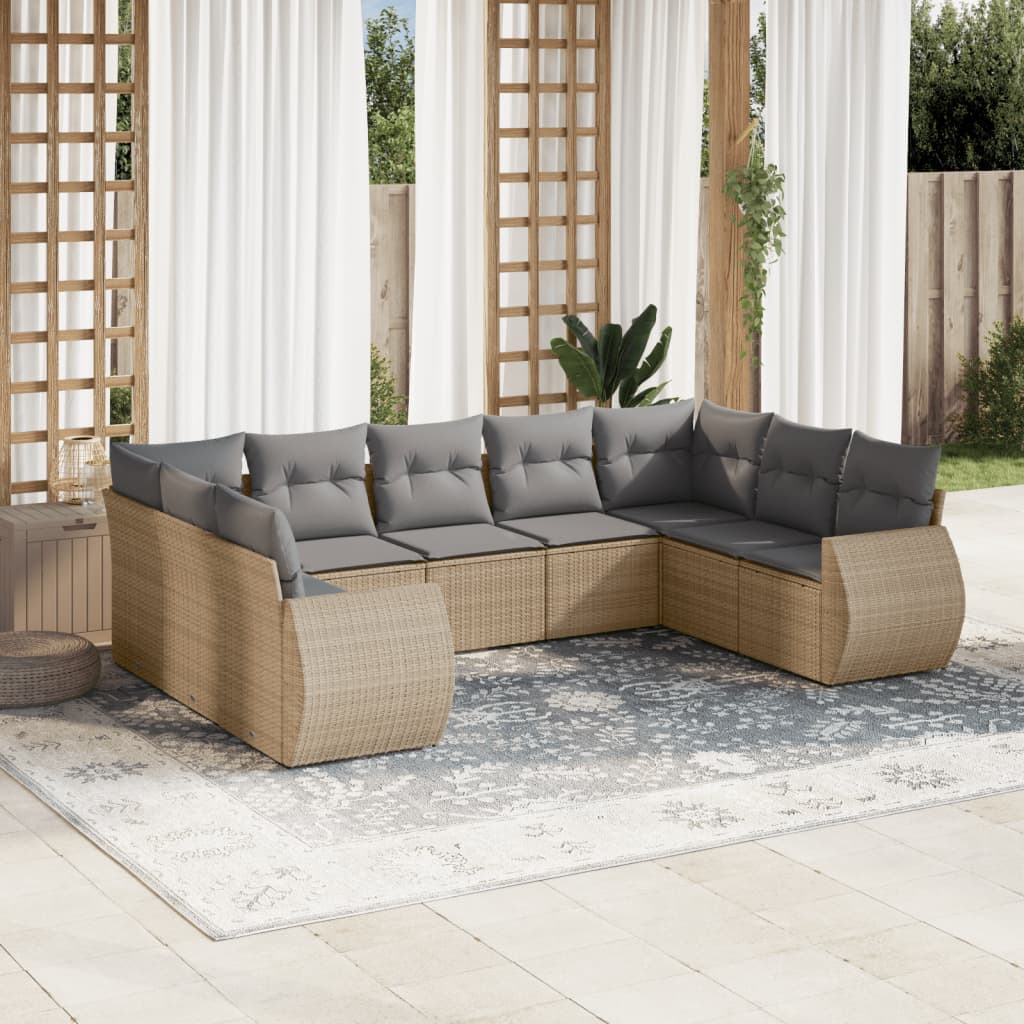 9-tlg. Garten-Sofagarnitur mit Kissen Beige Poly Rattan