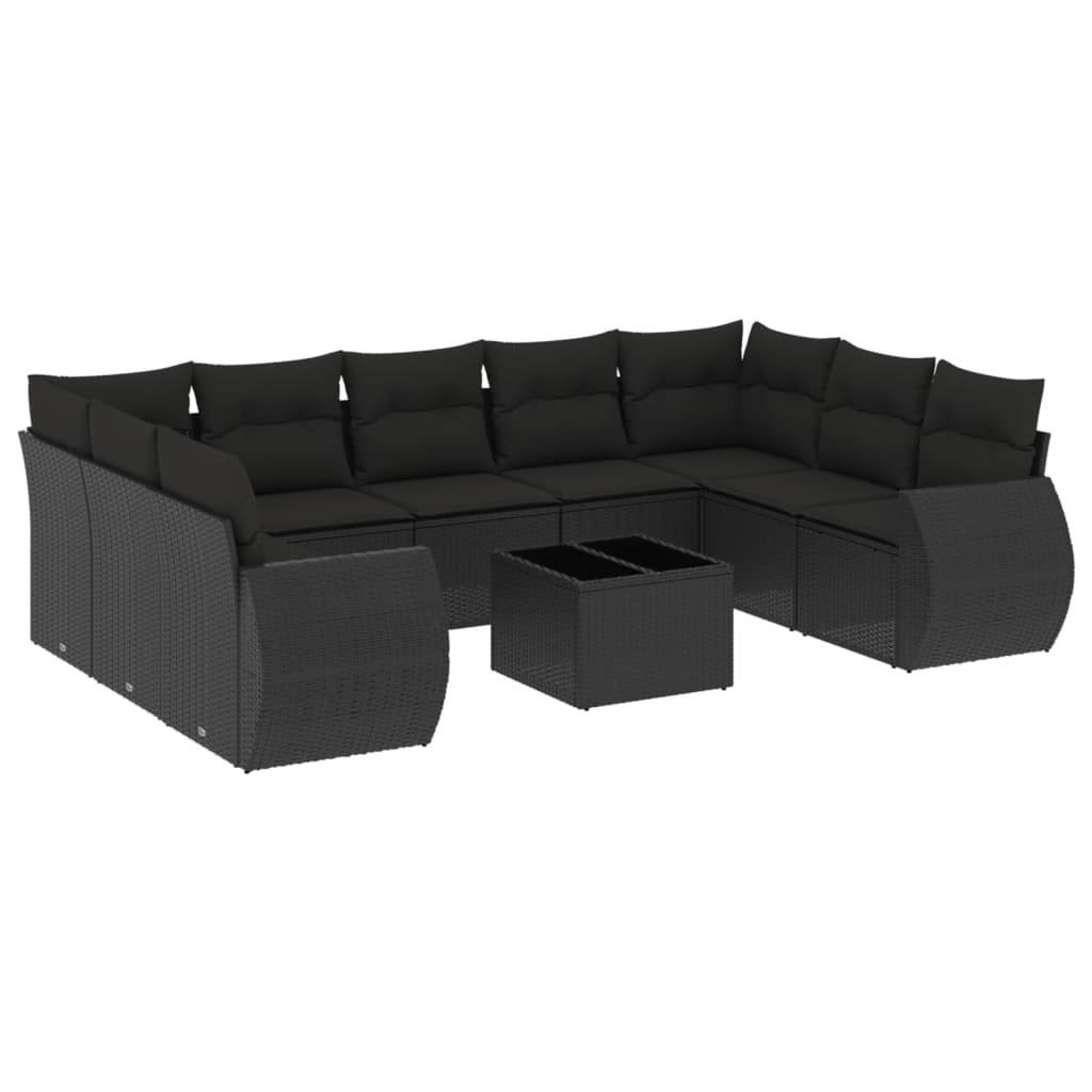 10-tlg. Garten-Sofagarnitur mit Kissen Schwarz Poly Rattan