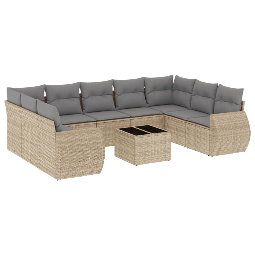 10-tlg. Garten-Sofagarnitur mit Kissen Beige Poly Rattan