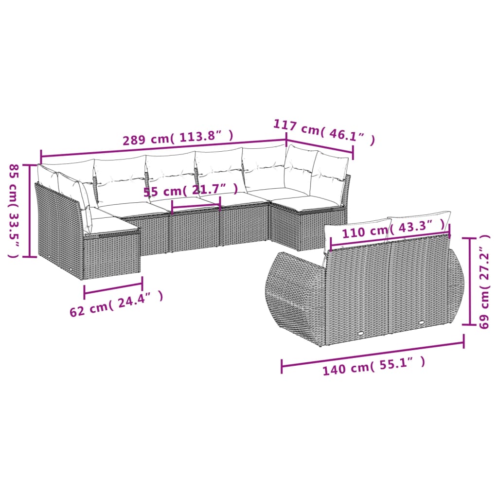 9-tlg. Garten-Sofagarnitur mit Kissen Beige Poly Rattan