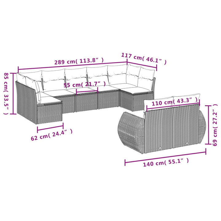 9-tlg. Garten-Sofagarnitur mit Kissen Braun Poly Rattan